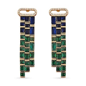 Blue and Green Glass, Simulated Diamond Earrings in Goldtone