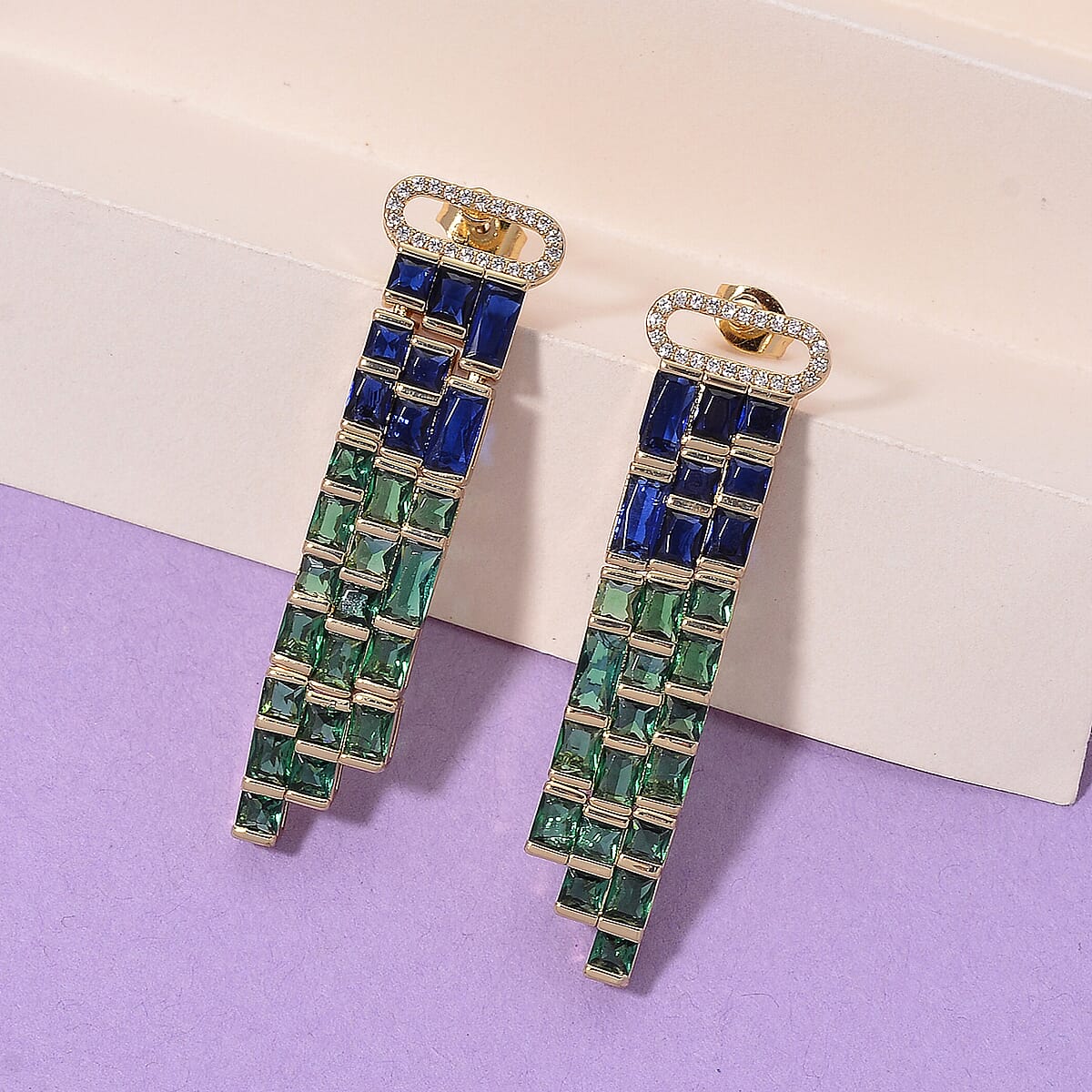 Blue and Green Glass, Simulated Diamond Earrings in Goldtone image number 1