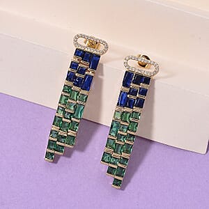 Blue and Green Glass, Simulated Diamond Earrings in Goldtone