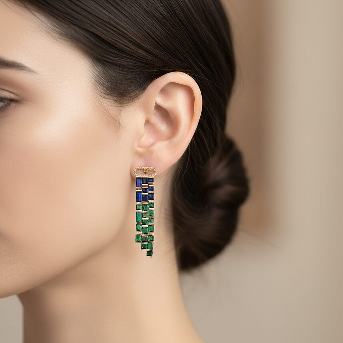 Blue and Green Glass, Simulated Diamond Earrings in Goldtone image number 2