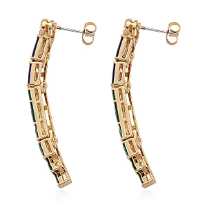 Blue and Green Glass, Simulated Diamond Earrings in Goldtone