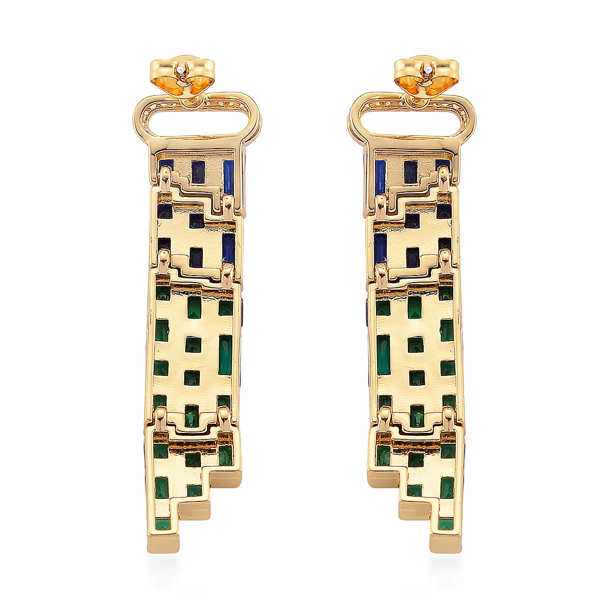 Blue and Green Glass, Simulated Diamond Earrings in Goldtone image number 4