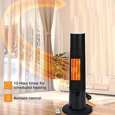 Black Indoor Tower Heater with Remote Control, LED Display and 3D Flame Effect