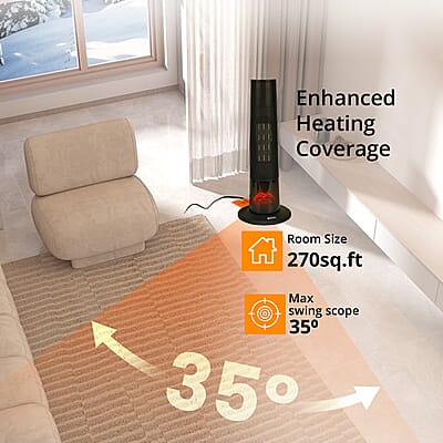 Black Indoor Tower Heater with Remote Control, LED Display and 3D Flame Effect