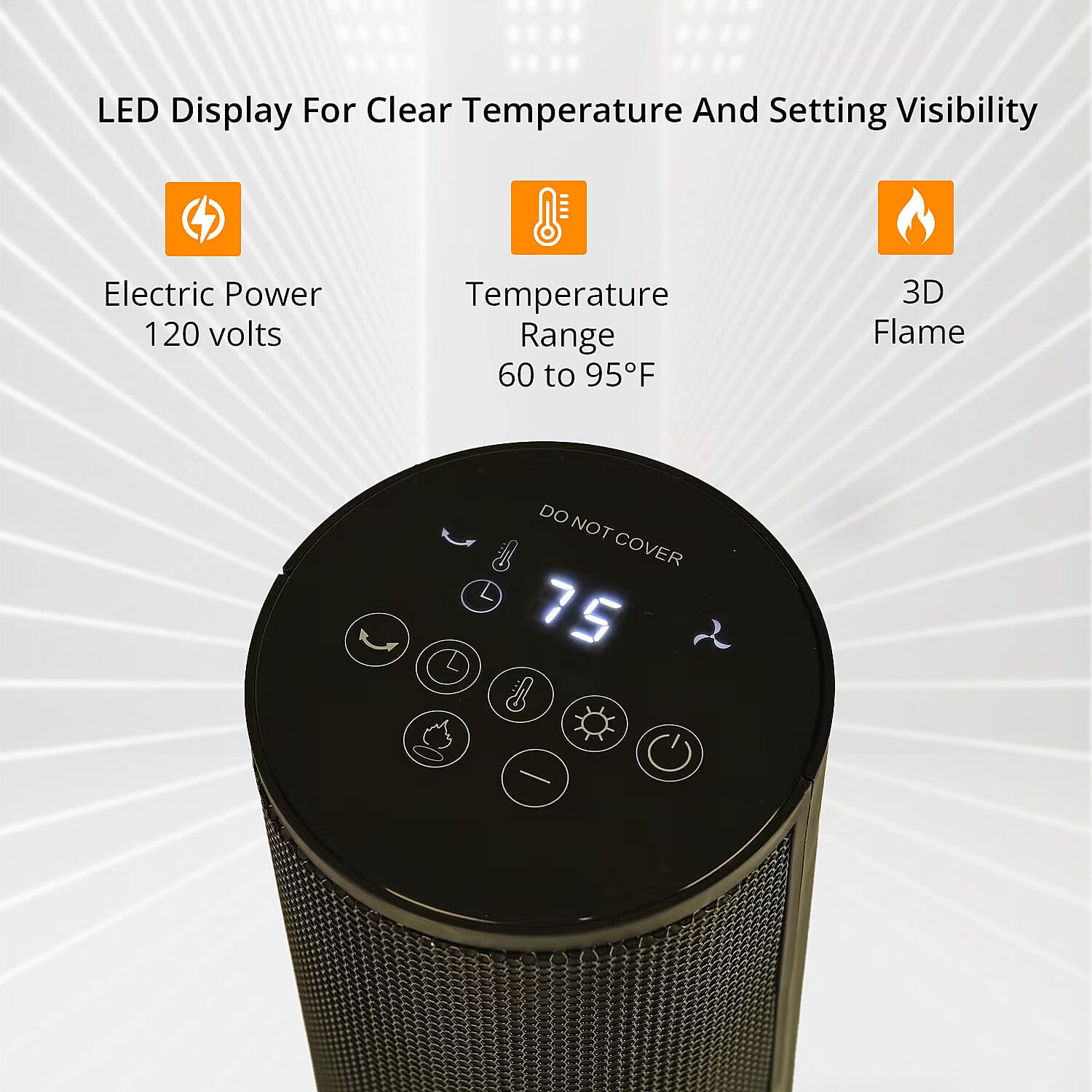 Black Indoor Tower Heater with Remote Control, LED Display and 3D Flame Effect