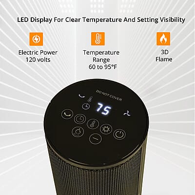 Black Indoor Tower Heater with Remote Control, LED Display and 3D Flame Effect