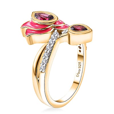 Orissa Rhodolite Garnet and White Zircon 1.40 ctw Ring in 18K Vermeil Yellow Gold Over Sterling Silver (Size 5.0)