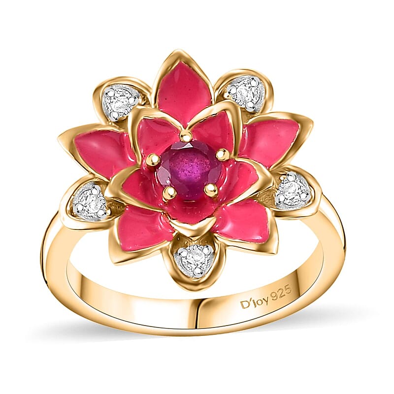 Niassa Ruby (FF) and White Zircon 0.50 ctw, Enameled Floral Ring in 18K Vermeil Yellow Gold Over Sterling Silver (Size 10.0)