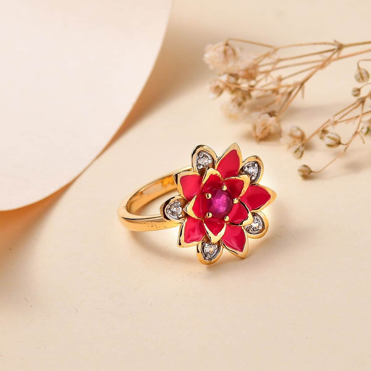 Niassa Ruby (FF), White Zircon, Enameled Floral Ring in 18K Vermeil YG Over Sterling Silver (Size 10.0) 0.50 ctw image number 1