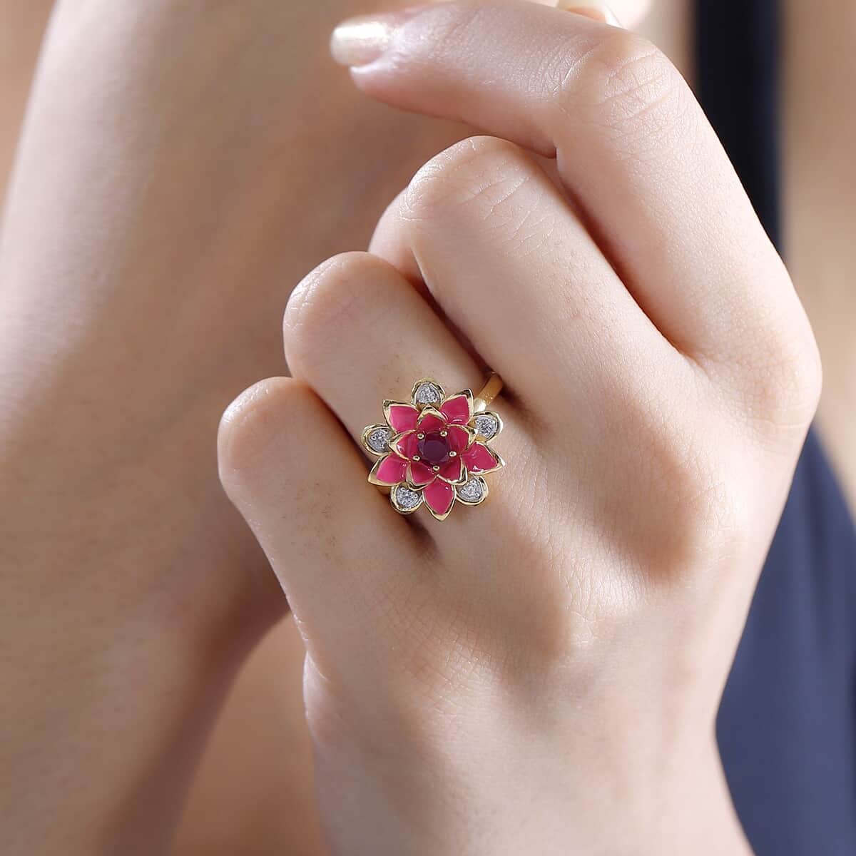 Niassa Ruby (FF), White Zircon, Enameled Floral Ring in 18K Vermeil YG Over Sterling Silver (Size 10.0) 0.50 ctw image number 2