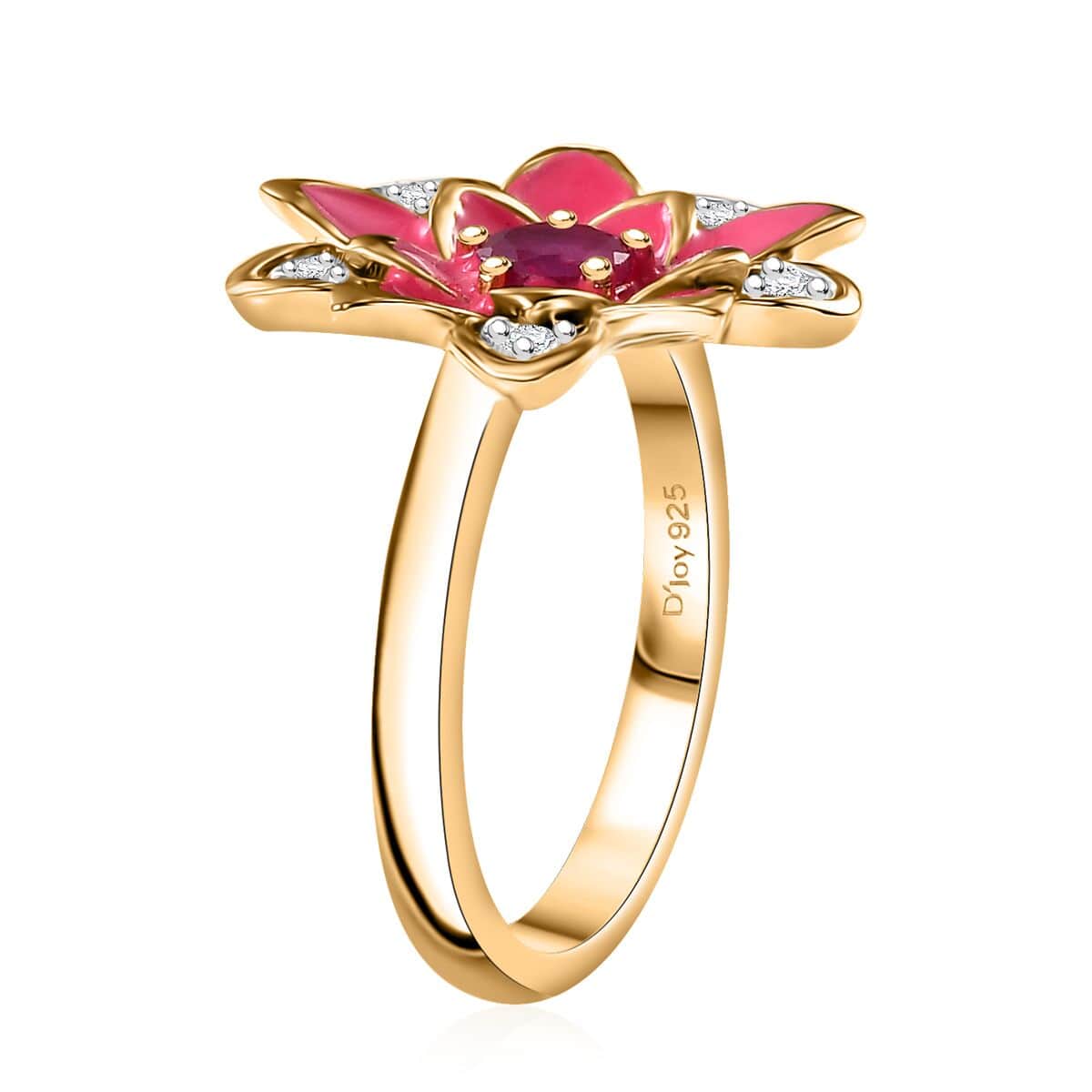 Niassa Ruby (FF), White Zircon, Enameled Floral Ring in 18K Vermeil YG Over Sterling Silver (Size 10.0) 0.50 ctw image number 3