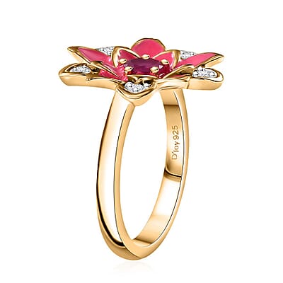 Niassa Ruby (FF) and White Zircon 0.50 ctw, Enameled Floral Ring in 18K Vermeil Yellow Gold Over Sterling Silver (Size 10.0)