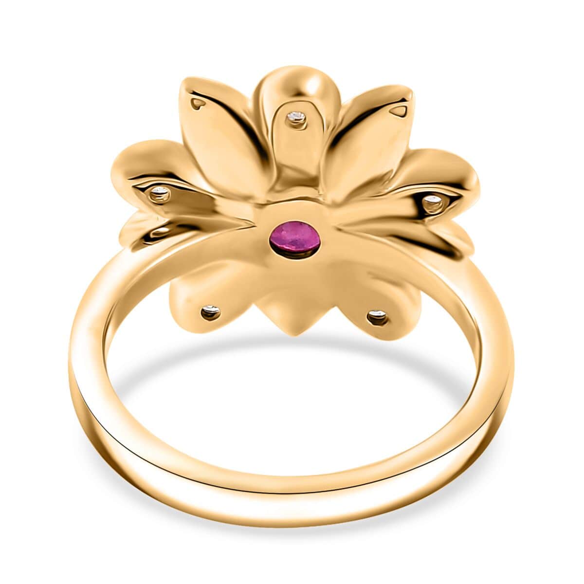 Niassa Ruby (FF), White Zircon, Enameled Floral Ring in 18K Vermeil YG Over Sterling Silver (Size 10.0) 0.50 ctw image number 4