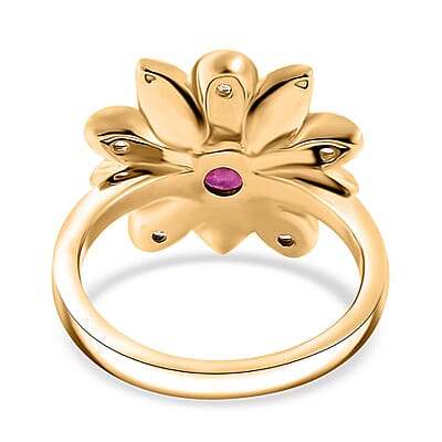 Niassa Ruby (FF) and White Zircon 0.50 ctw, Enameled Floral Ring in 18K Vermeil Yellow Gold Over Sterling Silver (Size 10.0)