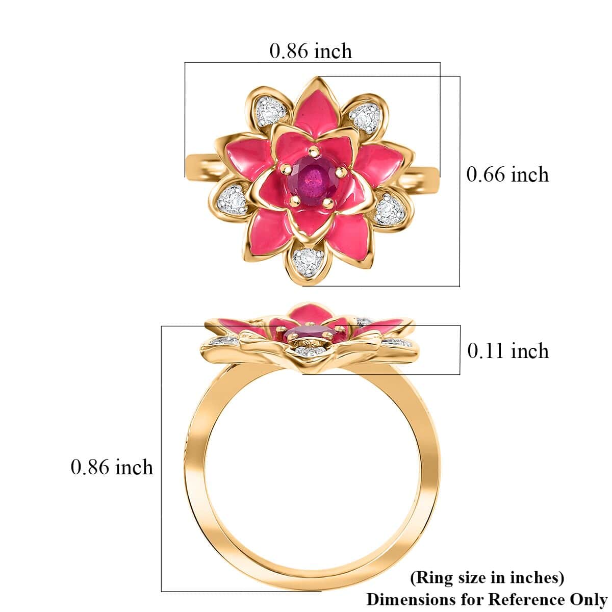 Niassa Ruby (FF), White Zircon, Enameled Floral Ring in 18K Vermeil YG Over Sterling Silver (Size 10.0) 0.50 ctw image number 5