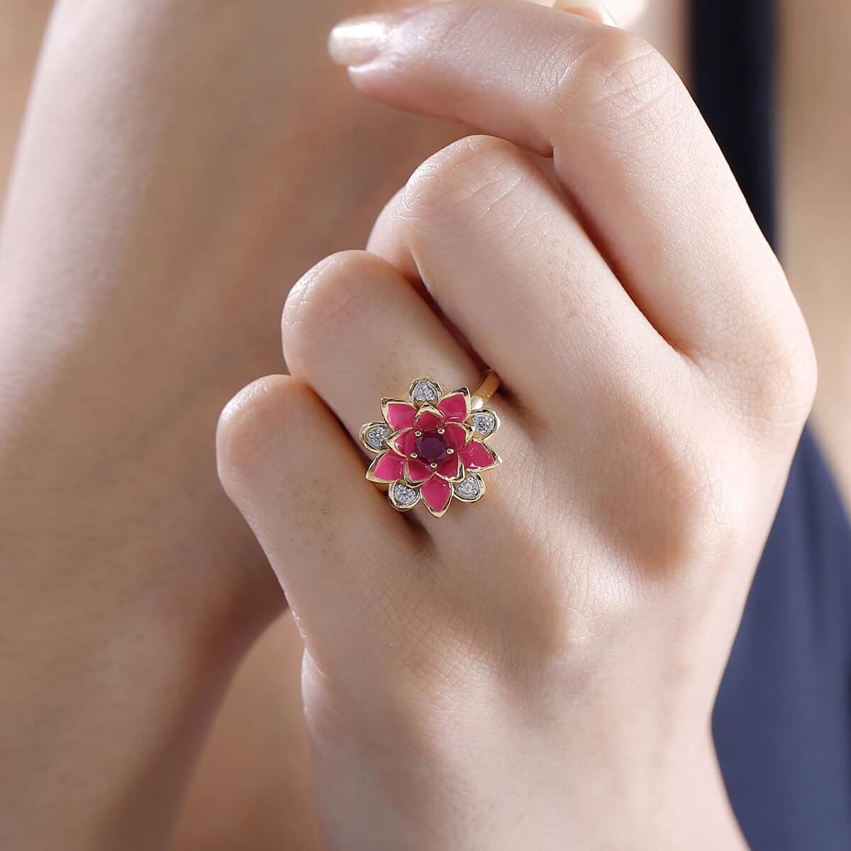 Niassa Ruby (FF) and White Zircon 0.50 ctw, Enameled Floral Ring in 18K Vermeil Yellow Gold Over Sterling Silver (Size 8.0) image number 2