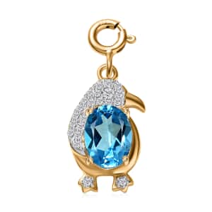 Blue Topaz and White Zircon 1.80 ctw Penguin Charm in 18K Vermeil Yellow Gold Over Sterling Silver