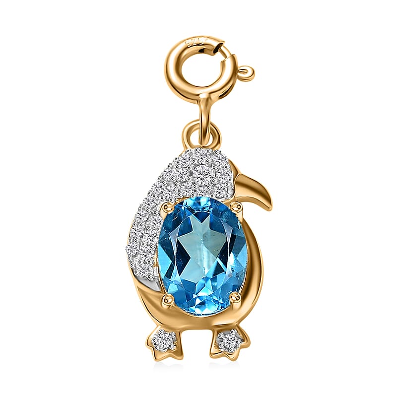 Blue Topaz and White Zircon 1.80 ctw Penguin Charm in 18K Vermeil Yellow Gold Over Sterling Silver