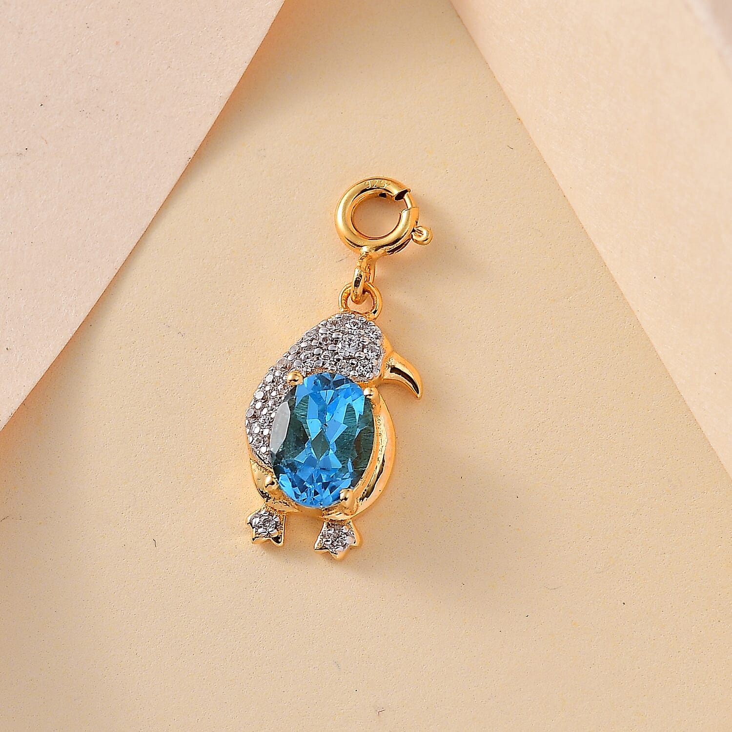 Blue Topaz and White Zircon 1.80 ctw Penguin Charm in 18K Vermeil Yellow Gold Over Sterling Silver