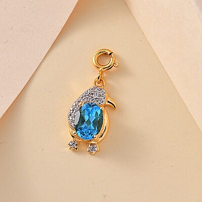 Blue Topaz and White Zircon 1.80 ctw Penguin Charm in 18K Vermeil Yellow Gold Over Sterling Silver
