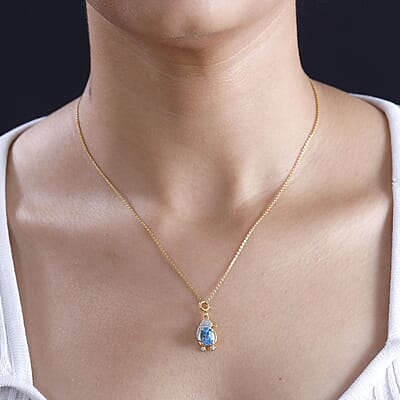 Blue Topaz and White Zircon 1.80 ctw Penguin Charm in 18K Vermeil Yellow Gold Over Sterling Silver