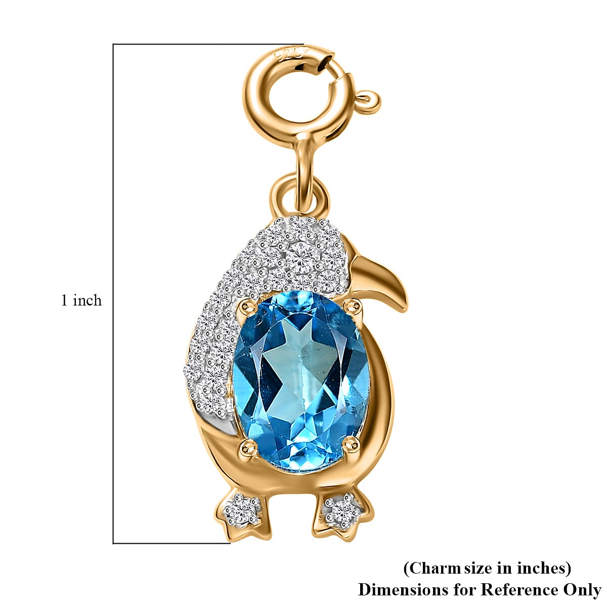 Blue Topaz and White Zircon 1.80 ctw Penguin Charm in 18K Vermeil Yellow Gold Over Sterling Silver