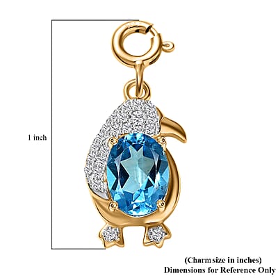 Blue Topaz and White Zircon 1.80 ctw Penguin Charm in 18K Vermeil Yellow Gold Over Sterling Silver