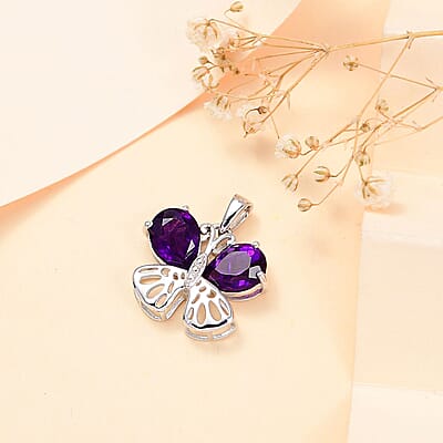 D'Joy African Amethyst 2.90 ctw Butterfly Charm in Rhodium Over Sterling Silver