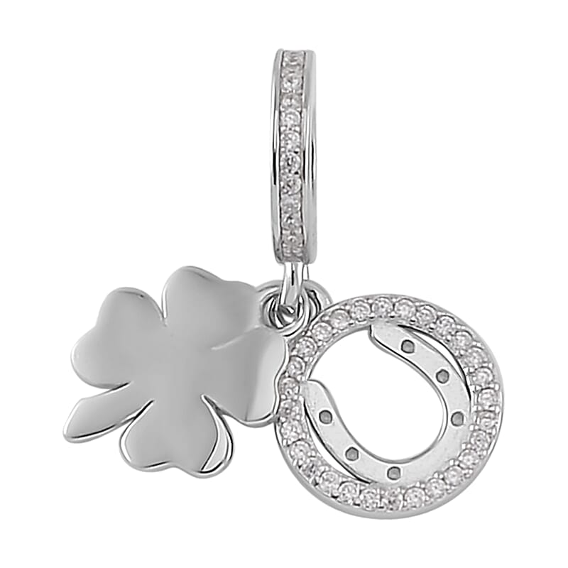 Simulated Diamond Rhinestone Charm in Rhodium Over Sterling Silver