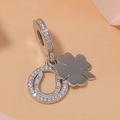 Simulated Diamond Rhinestone Charm in Rhodium Over Sterling Silver