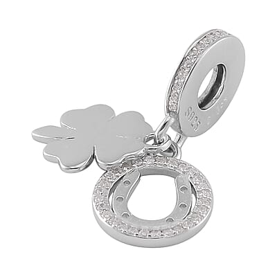 Simulated Diamond Rhinestone Charm in Rhodium Over Sterling Silver