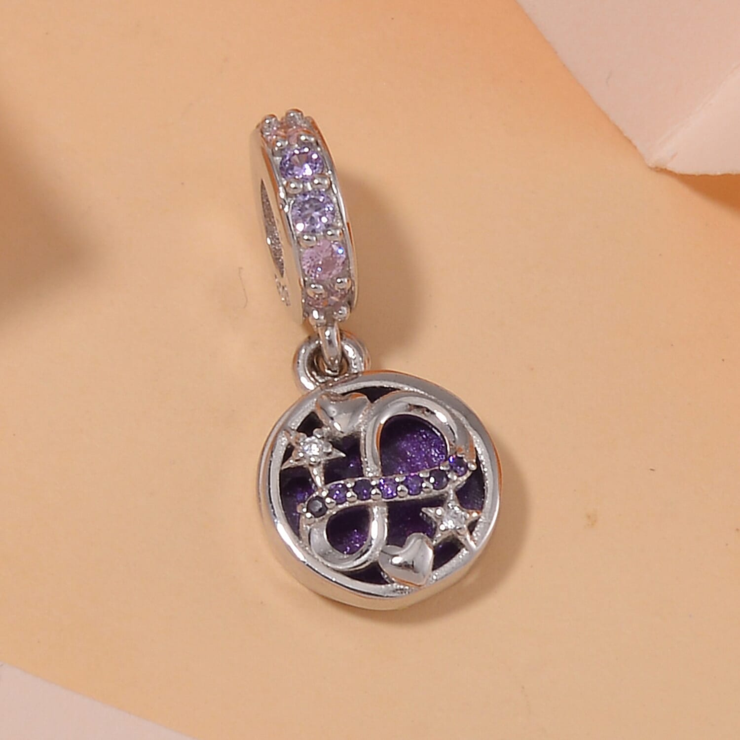 Simulated Multi Color Diamond and Enameled Celestial Charm in Rhodium Over Sterling Silver