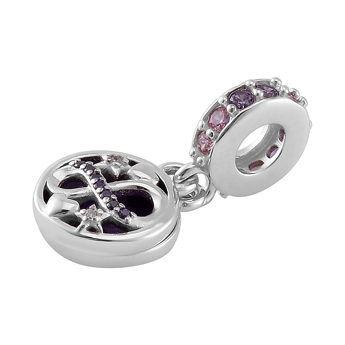 Simulated Multi Color Diamond and Enameled Celestial Charm in Rhodium Over Sterling Silver