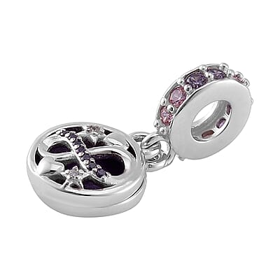 Simulated Multi Color Diamond and Enameled Celestial Charm in Rhodium Over Sterling Silver