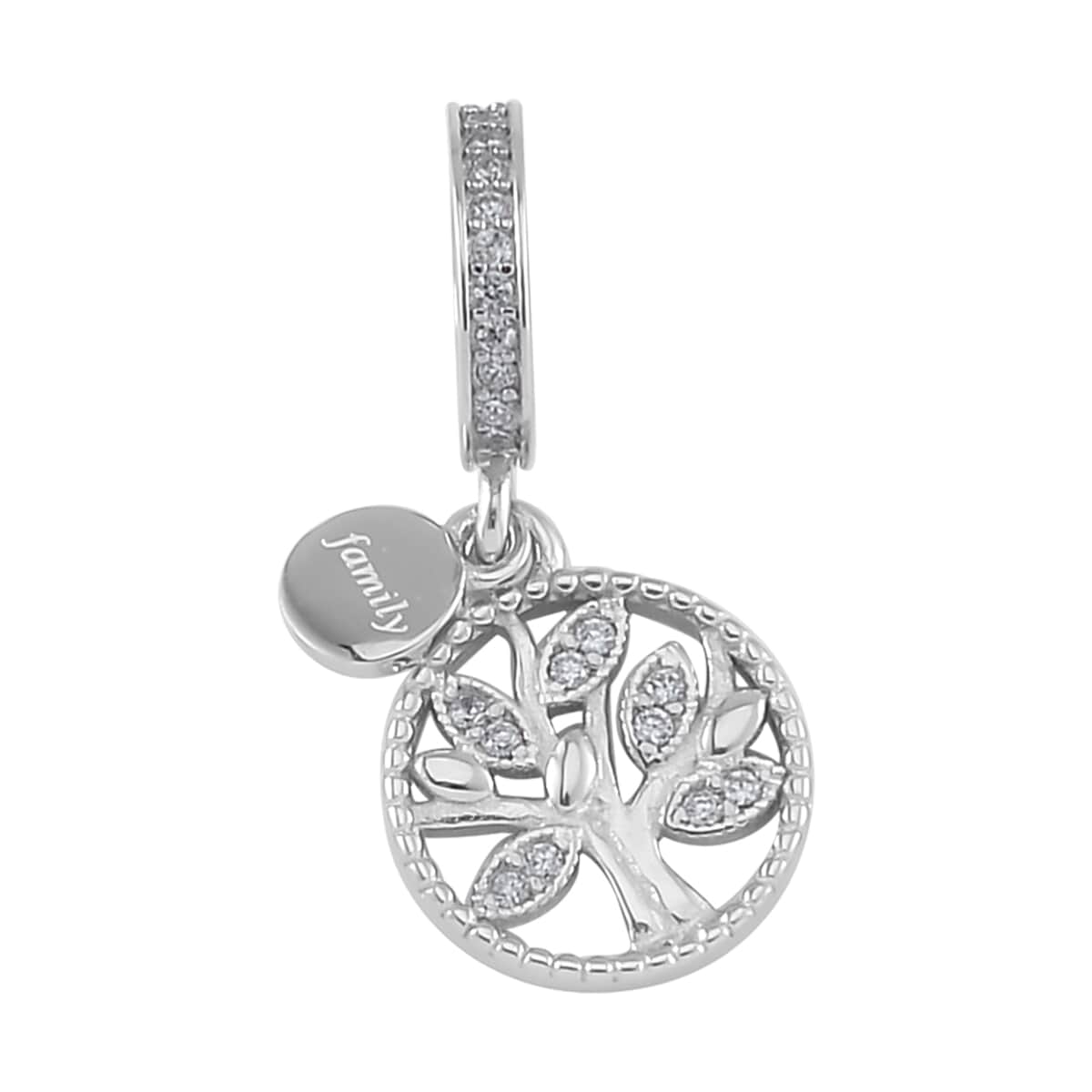 Simulated Diamond Retro Tree of Life Charm in Rhodium Over Sterling Silver image number 0