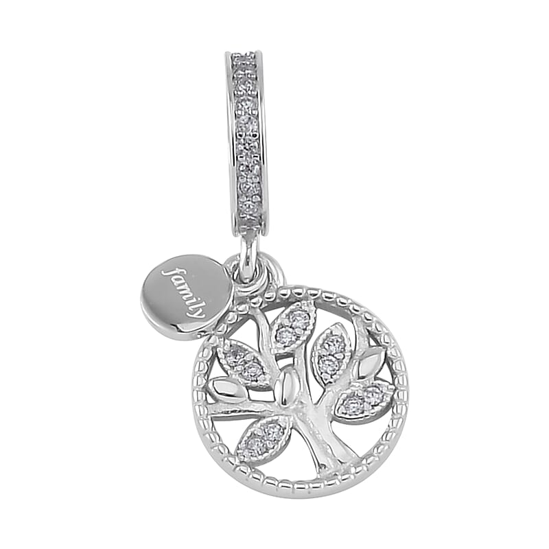 Simulated Diamond Retro Tree of Life Charm in Rhodium Over Sterling Silver