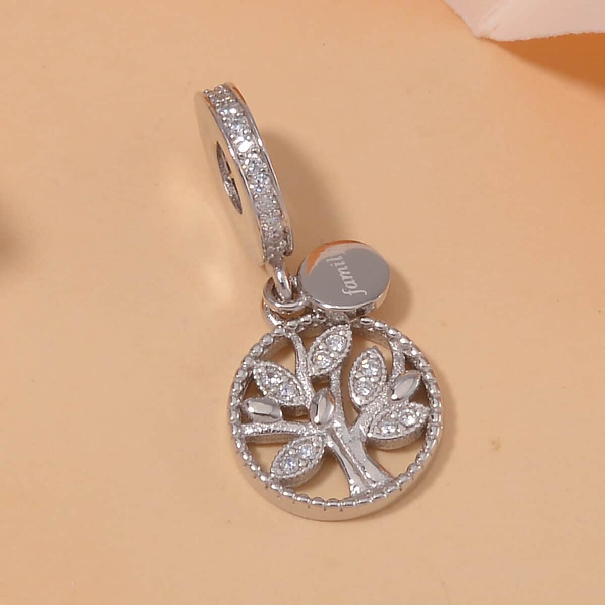 Simulated Diamond Retro Tree of Life Charm in Rhodium Over Sterling Silver image number 1