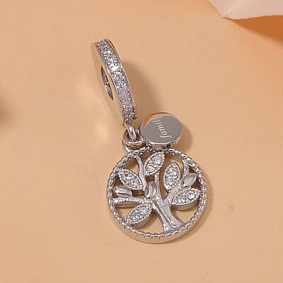 Simulated Diamond Retro Tree of Life Charm in Rhodium Over Sterling Silver