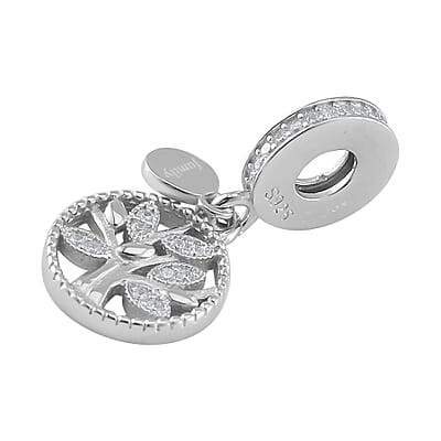 Simulated Diamond Retro Tree of Life Charm in Rhodium Over Sterling Silver