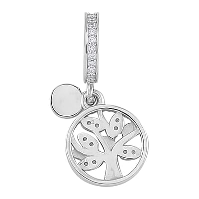 Simulated Diamond Retro Tree of Life Charm in Rhodium Over Sterling Silver