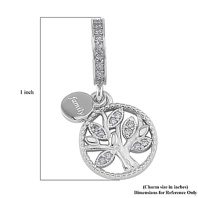 Simulated Diamond Retro Tree of Life Charm in Rhodium Over Sterling Silver