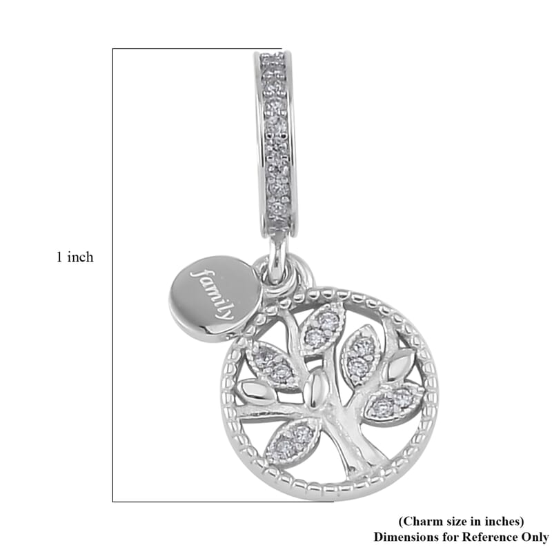 Simulated Diamond Retro Tree of Life Charm in Rhodium Over Sterling Silver
