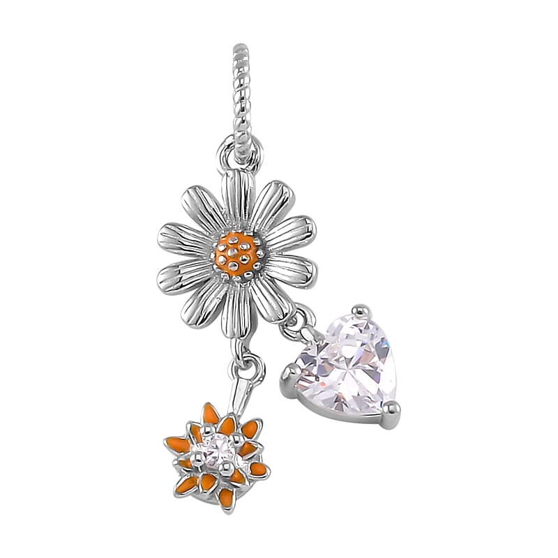 Simulated Diamond and Enameled Daisy Love Charm in Rhodium Over Sterling Silver