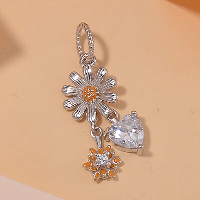 Simulated Diamond and Enameled Daisy Love Charm in Rhodium Over Sterling Silver
