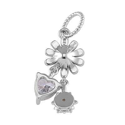 Simulated Diamond and Enameled Daisy Love Charm in Rhodium Over Sterling Silver