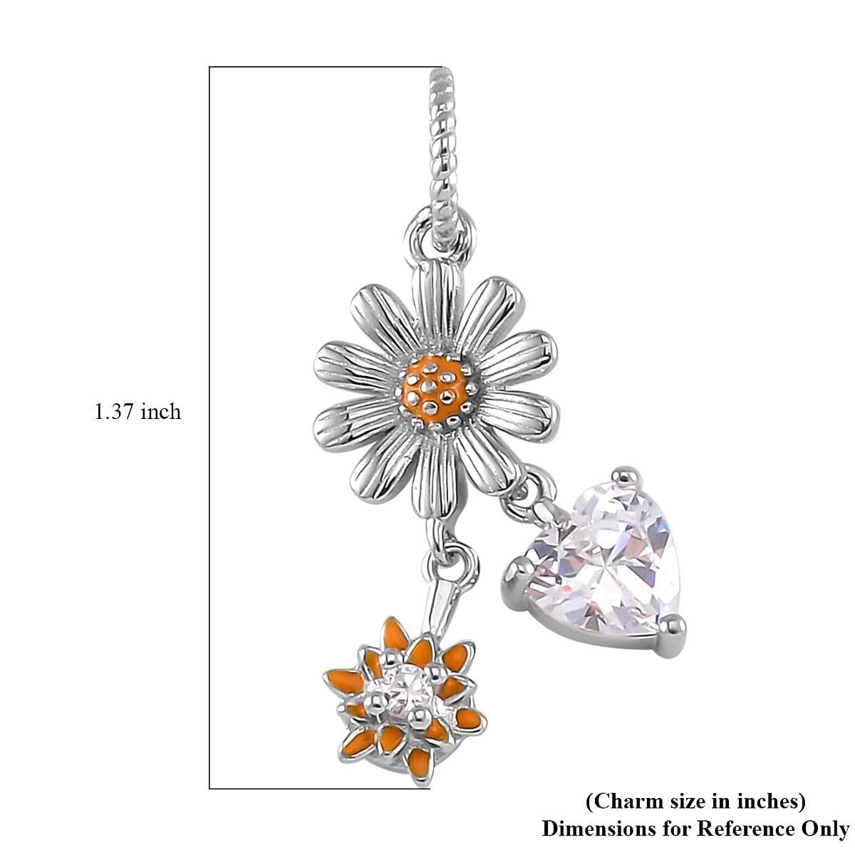 Simulated Diamond and Enameled Daisy Love Charm in Rhodium Over Sterling Silver
