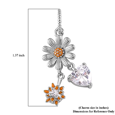 Simulated Diamond and Enameled Daisy Love Charm in Rhodium Over Sterling Silver