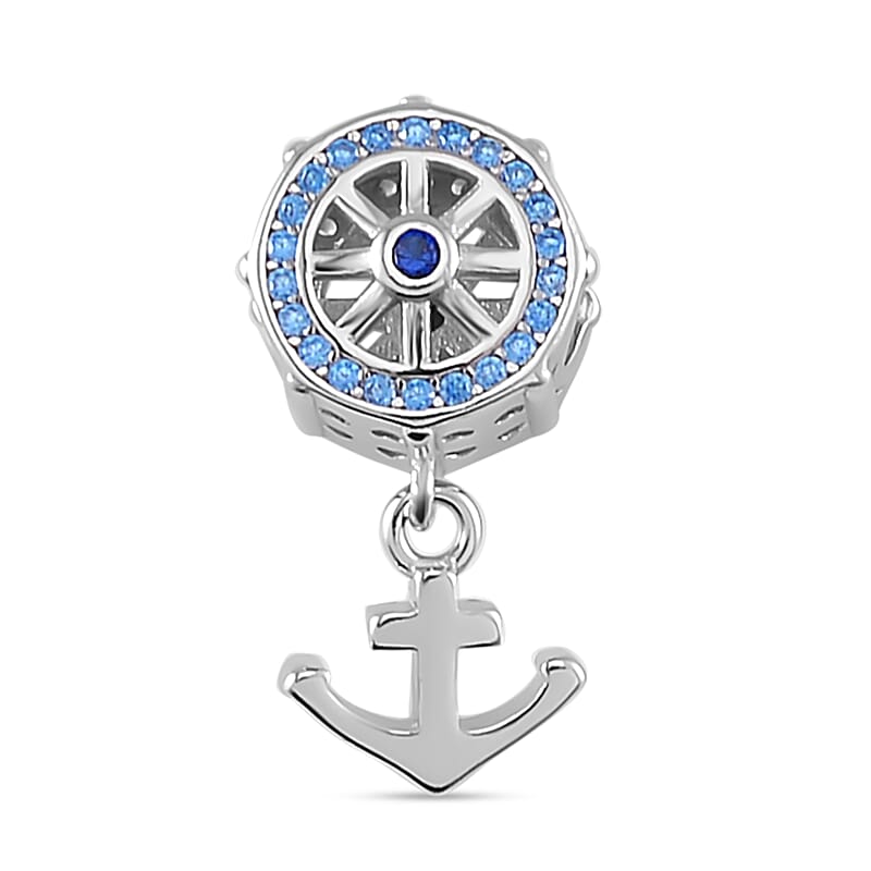 Simulated Blue Diamond Anchor Ship Charm in Rhodium Over Sterling Silver