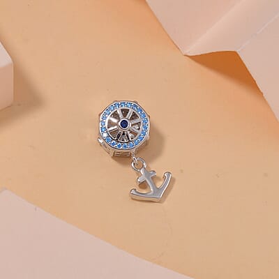 Simulated Blue Diamond Anchor Ship Charm in Rhodium Over Sterling Silver