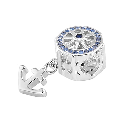 Simulated Blue Diamond Anchor Ship Charm in Rhodium Over Sterling Silver